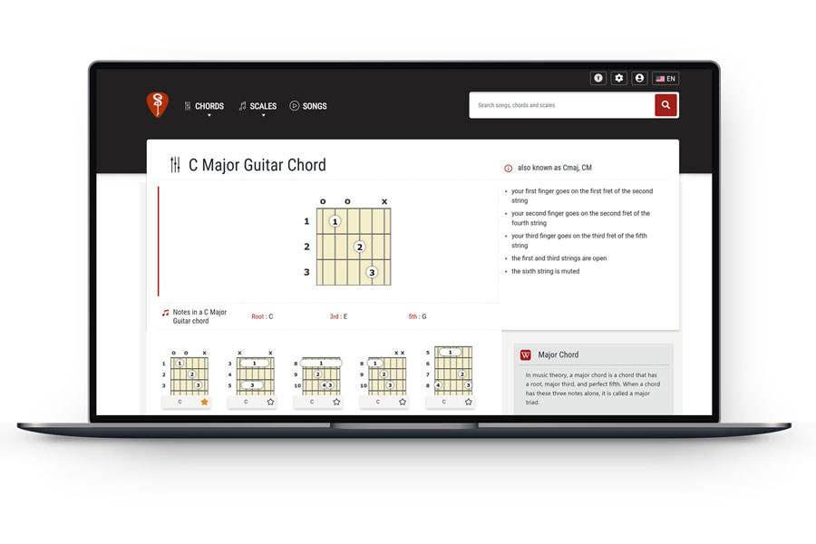 A laptop mockup of a left-handed guitar chord screen on the website